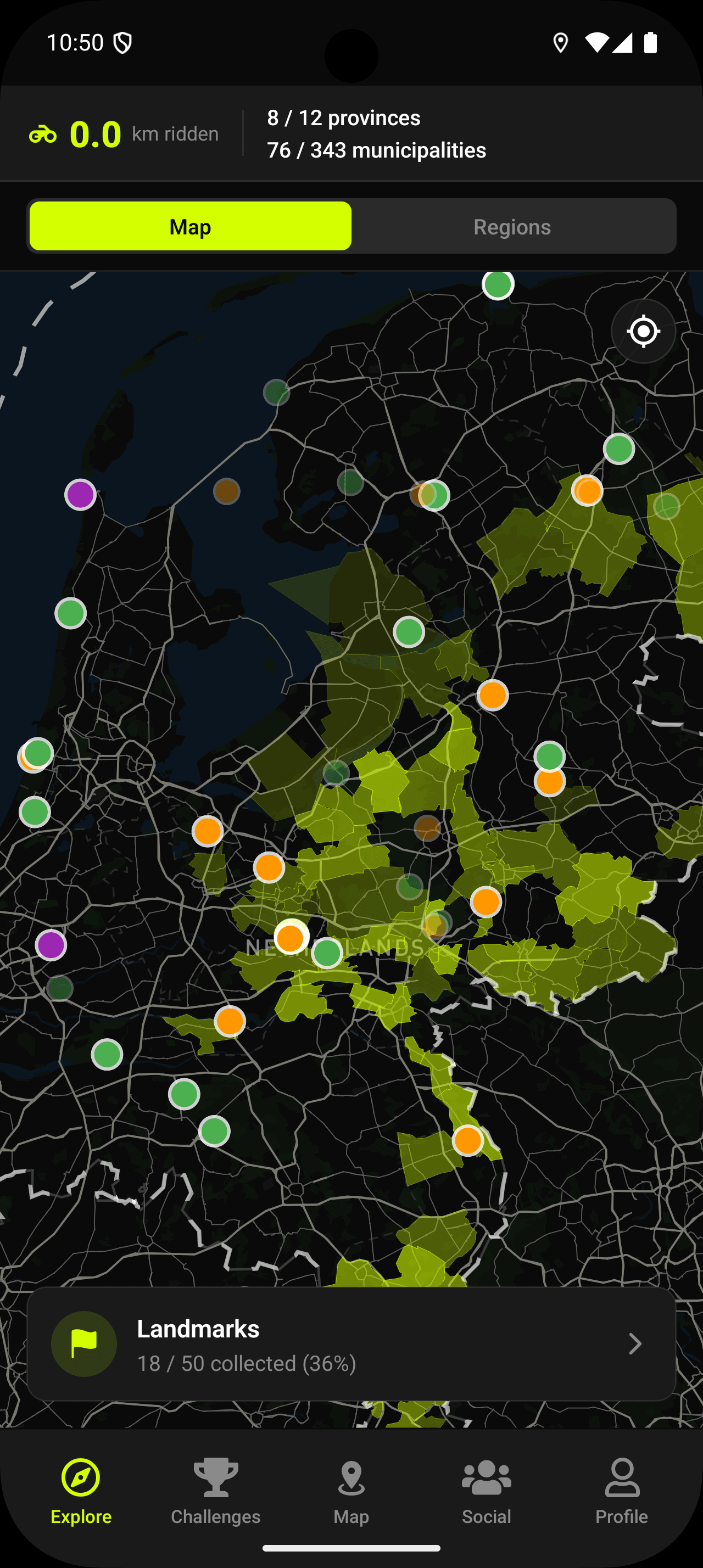 OdysMoto exploration map showing road coverage heatmap across Dutch provinces