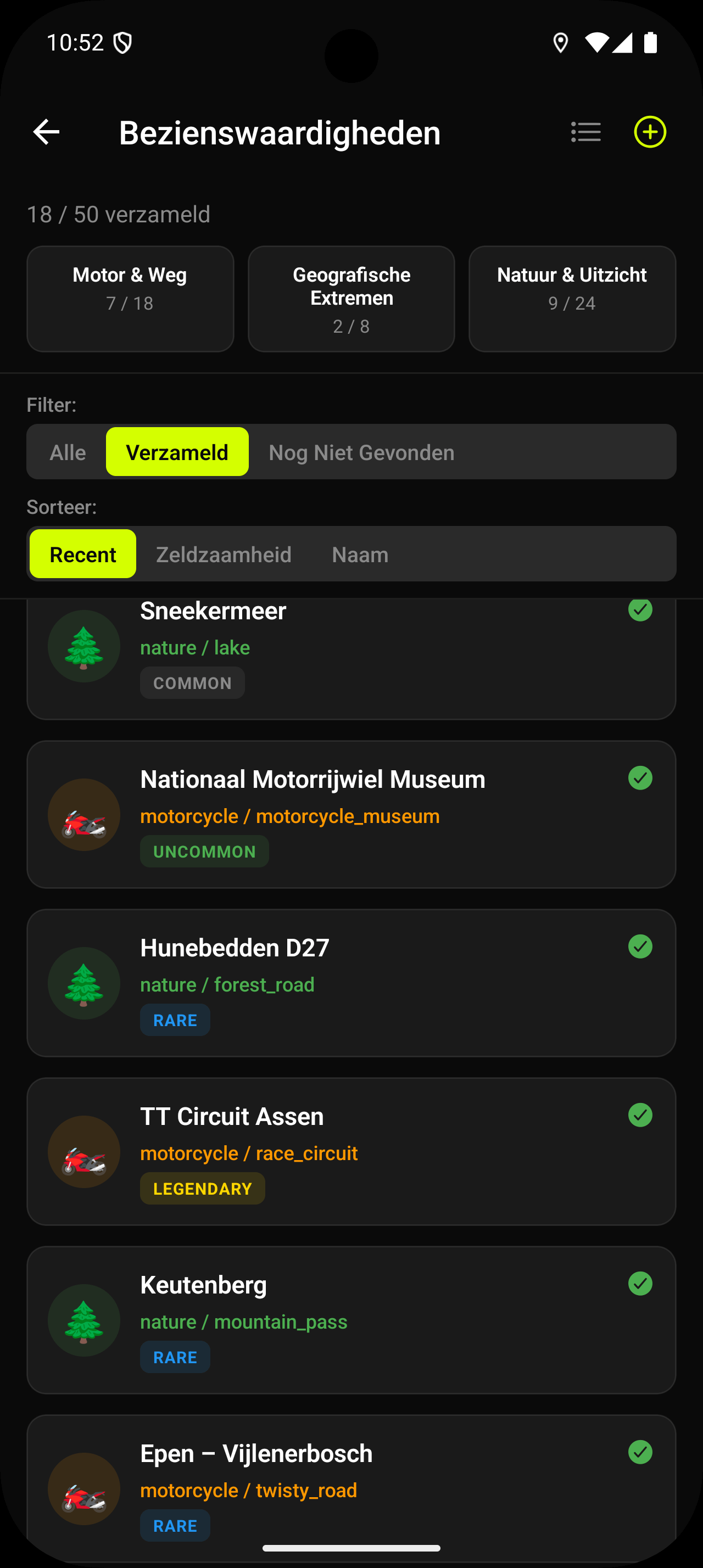 OdysMoto landmarks collection screen showing discoverable points of interest with rarity levels